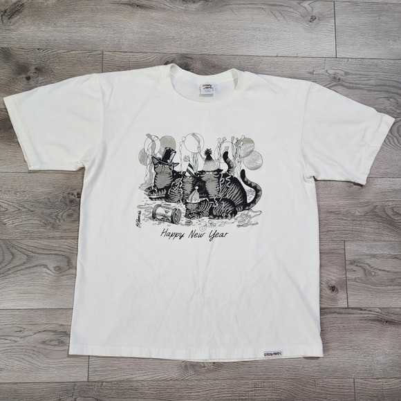 crazy shirts Other - Crazy Shirts Vtg KLIBAN HAPPY NEW YEAR CATS Hawaiian Single Stitch T Shirt L Tee